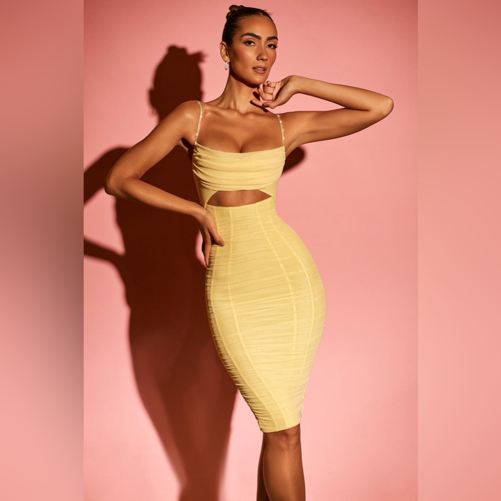 Oh Polly Corsica Embellished Strap Cut Out Midi Dress in Yellow
